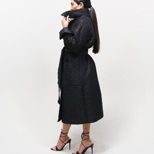 Black Quilted Longline Coat / Lightweight Textured Jacket — Minimalist Outerwear